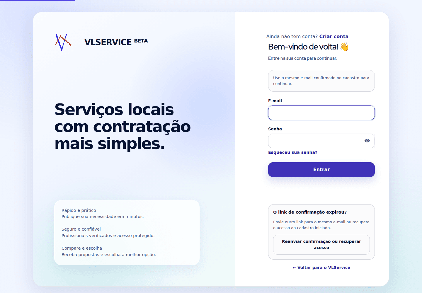 Página real de acesso da VLService
